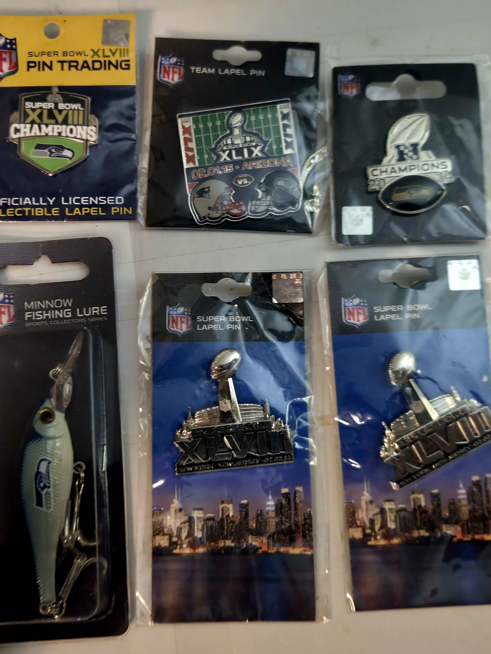 NFL Super Bowl XLVIII Collectible Lapel Pins - Silver, Blue, Green, Yellow
